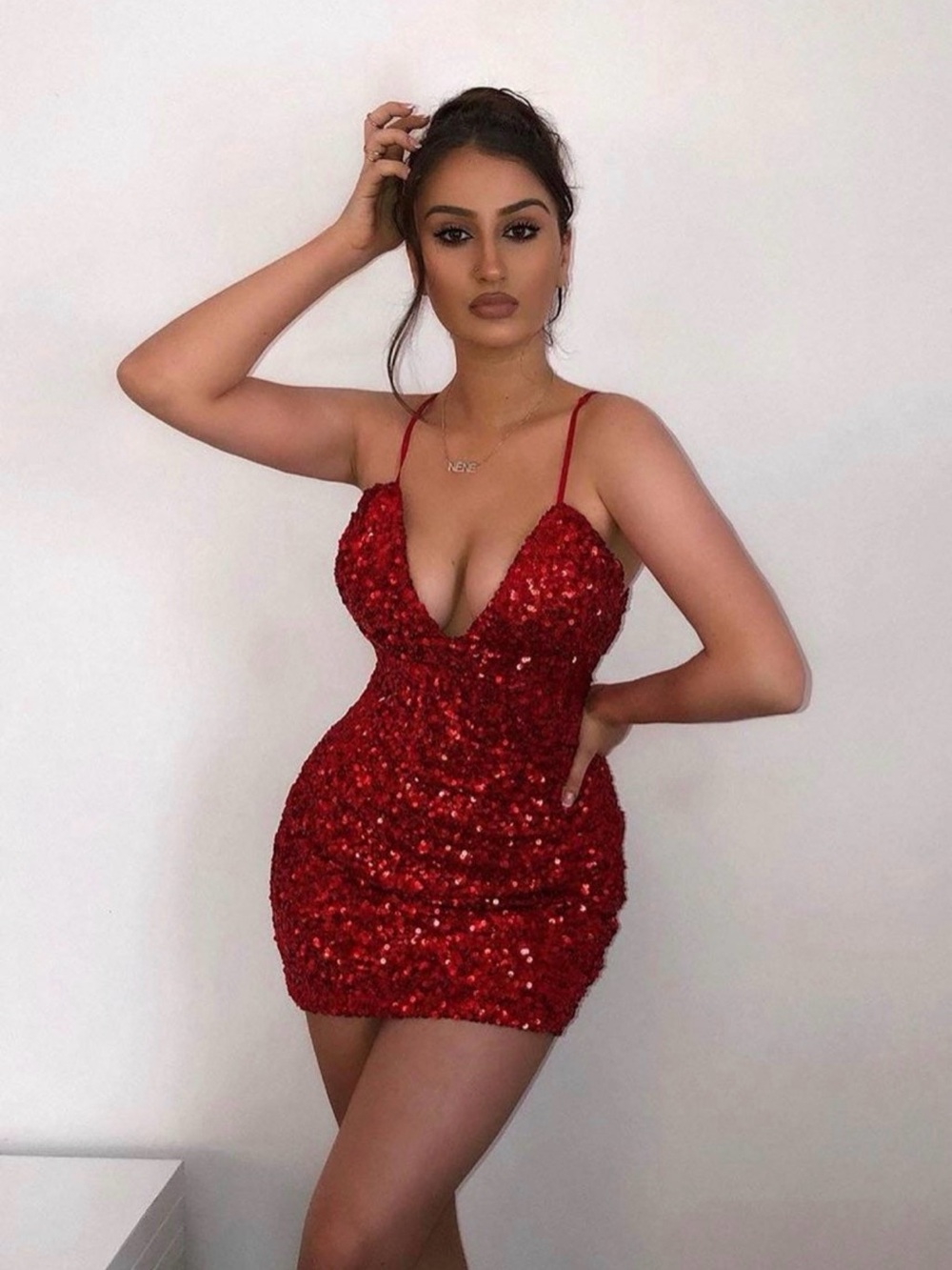 Fashion Nova Red Sequin Plunge Mini Dress